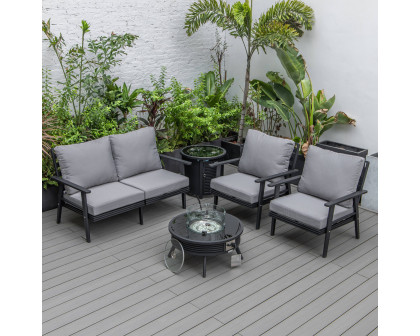 LeisureMod Walbrooke Modern Black Patio Conversation With Round Fire Pit With Slats Design & Tank Holder - Gray