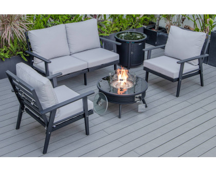 LeisureMod Walbrooke Modern Black Patio Conversation With Round Fire Pit With Slats Design & Tank Holder