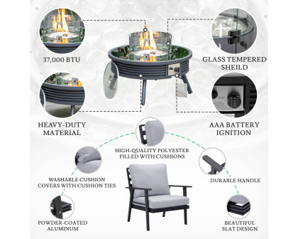 LeisureMod Walbrooke Modern Black Patio Conversation With Round Fire Pit With Slats Design & Tank Holder - Light Gray