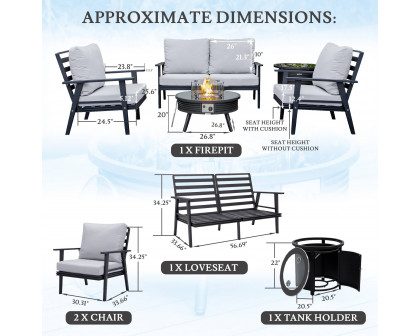 LeisureMod Walbrooke Modern Black Patio Conversation With Round Fire Pit With Slats Design & Tank Holder - Light Gray