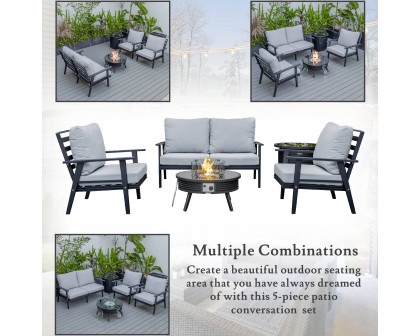 LeisureMod Walbrooke Modern Black Patio Conversation With Round Fire Pit With Slats Design & Tank Holder - Light Gray