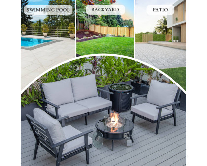 LeisureMod Walbrooke Modern Black Patio Conversation With Round Fire Pit With Slats Design & Tank Holder - Light Gray