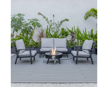 LeisureMod Walbrooke Modern Black Patio Conversation With Round Fire Pit With Slats Design & Tank Holder - Light Gray