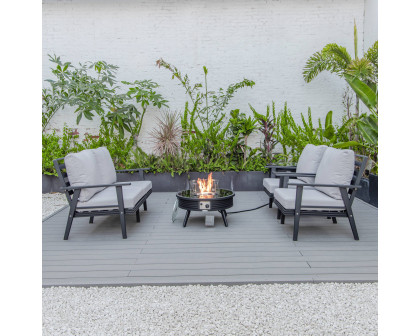 LeisureMod Walbrooke Modern Black Patio Conversation With Round Fire Pit With Slats Design & Tank Holder - Light Gray