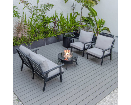 LeisureMod Walbrooke Modern Black Patio Conversation With Round Fire Pit With Slats Design & Tank Holder - Light Gray