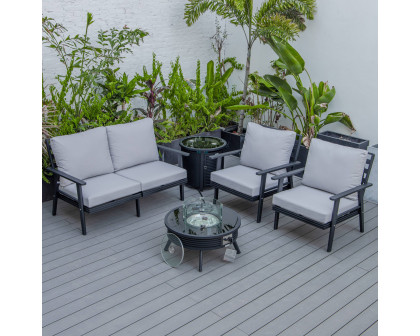 LeisureMod Walbrooke Modern Black Patio Conversation With Round Fire Pit With Slats Design & Tank Holder - Light Gray