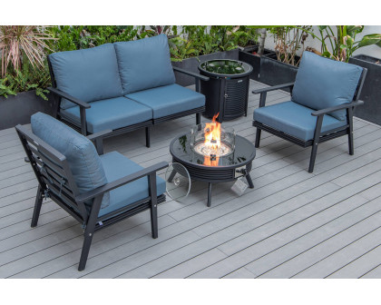 LeisureMod Walbrooke Modern Black Patio Conversation With Round Fire Pit With Slats Design & Tank Holder