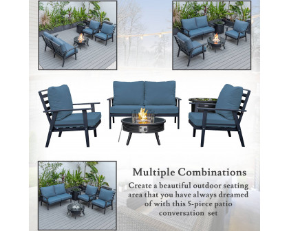 LeisureMod Walbrooke Modern Black Patio Conversation With Round Fire Pit With Slats Design & Tank Holder - Navy Blue