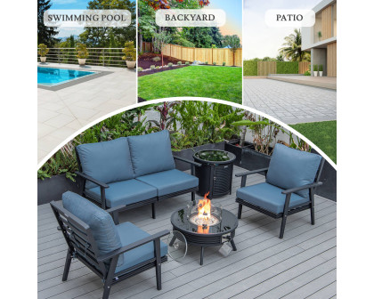 LeisureMod Walbrooke Modern Black Patio Conversation With Round Fire Pit With Slats Design & Tank Holder - Navy Blue