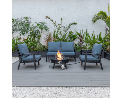 LeisureMod Walbrooke Modern Black Patio Conversation With Round Fire Pit With Slats Design & Tank Holder - Navy Blue