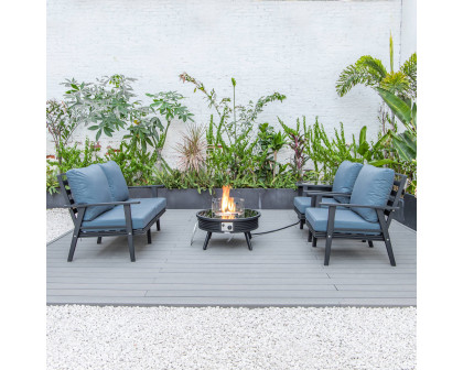 LeisureMod Walbrooke Modern Black Patio Conversation With Round Fire Pit With Slats Design & Tank Holder - Navy Blue