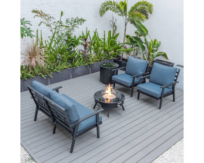 LeisureMod Walbrooke Modern Black Patio Conversation With Round Fire Pit With Slats Design & Tank Holder - Navy Blue