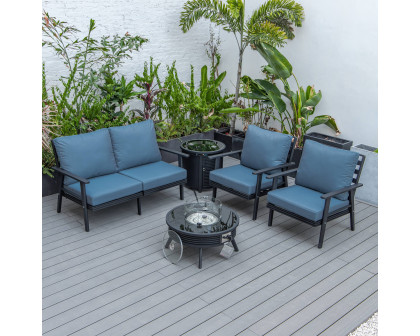 LeisureMod Walbrooke Modern Black Patio Conversation With Round Fire Pit With Slats Design & Tank Holder - Navy Blue