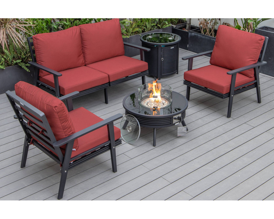 LeisureMod Walbrooke Modern Black Patio Conversation With Round Fire Pit With Slats Design & Tank Holder - Red