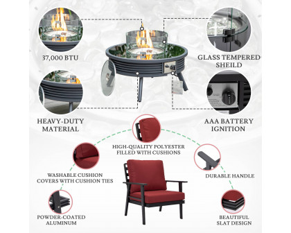 LeisureMod Walbrooke Modern Black Patio Conversation With Round Fire Pit With Slats Design & Tank Holder - Red