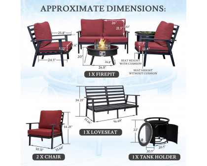 LeisureMod Walbrooke Modern Black Patio Conversation With Round Fire Pit With Slats Design & Tank Holder - Red