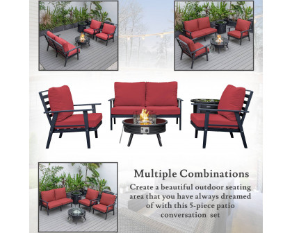 LeisureMod Walbrooke Modern Black Patio Conversation With Round Fire Pit With Slats Design & Tank Holder - Red