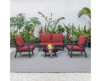 LeisureMod Walbrooke Modern Black Patio Conversation With Round Fire Pit With Slats Design & Tank Holder - Red