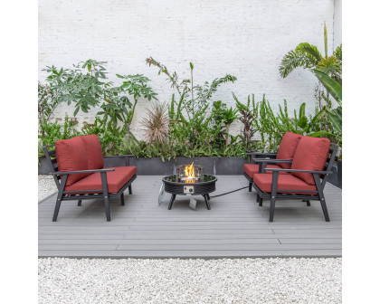 LeisureMod Walbrooke Modern Black Patio Conversation With Round Fire Pit With Slats Design & Tank Holder - Red