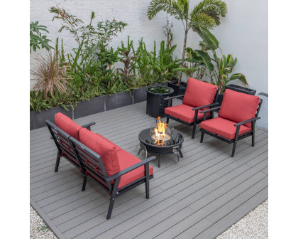 LeisureMod Walbrooke Modern Black Patio Conversation With Round Fire Pit With Slats Design & Tank Holder - Red