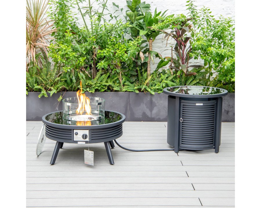 LeisureMod Walbrooke Outdoor Patio Round Fire Pit and Tank Holder with Slats Design - Black