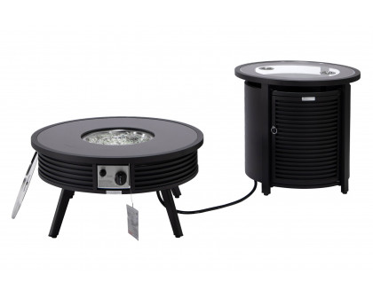 LeisureMod Walbrooke Outdoor Patio Round Fire Pit and Tank Holder with Slats Design - Black