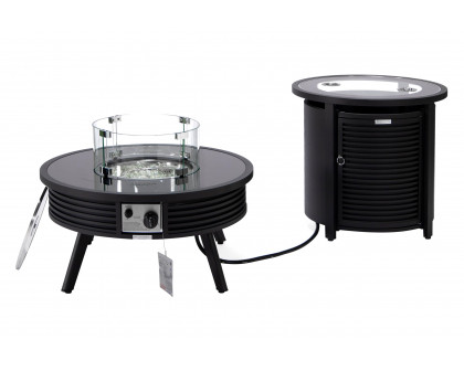 LeisureMod Walbrooke Outdoor Patio Round Fire Pit and Tank Holder with Slats Design - Black