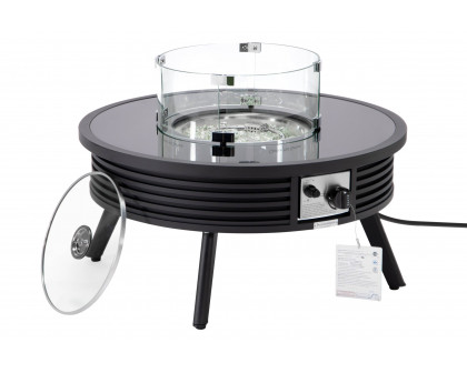 LeisureMod Walbrooke Outdoor Patio Round Fire Pit and Tank Holder with Slats Design - Black