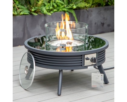 LeisureMod Walbrooke Modern Outdoor Round Fire Pit Table with Powder-Coated Aluminum Frame and Slats Design - Black