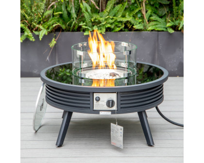 LeisureMod Walbrooke Modern Outdoor Round Fire Pit Table with Powder-Coated Aluminum Frame and Slats Design - Black