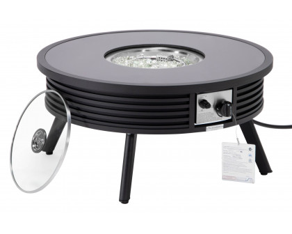 LeisureMod Walbrooke Modern Outdoor Round Fire Pit Table with Powder-Coated Aluminum Frame and Slats Design - Black