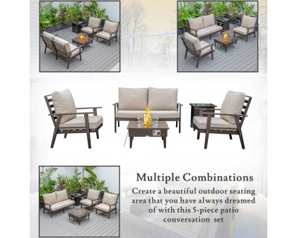 LeisureMod Walbrooke Modern Brown Patio Conversation With Square Fire Pit & Tank Holder - Beige