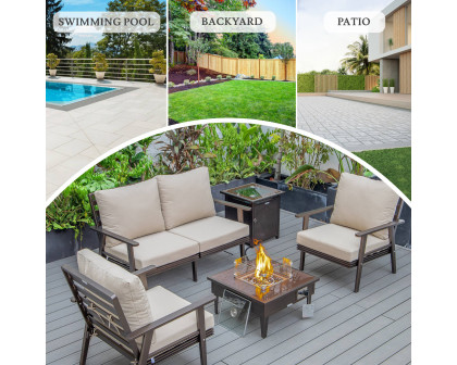 LeisureMod Walbrooke Modern Brown Patio Conversation With Square Fire Pit & Tank Holder - Beige