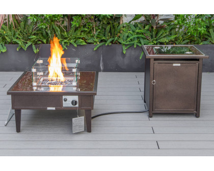 LeisureMod Walbrooke Modern Brown Patio Conversation With Square Fire Pit & Tank Holder - Beige