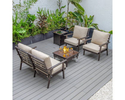 LeisureMod Walbrooke Modern Brown Patio Conversation With Square Fire Pit & Tank Holder - Beige