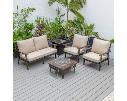 LeisureMod Walbrooke Modern Brown Patio Conversation With Square Fire Pit & Tank Holder - Beige