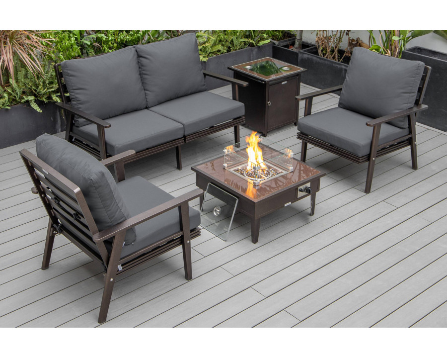 LeisureMod Walbrooke Modern Brown Patio Conversation With Square Fire Pit & Tank Holder - Charcoal