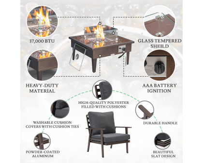 LeisureMod Walbrooke Modern Brown Patio Conversation With Square Fire Pit & Tank Holder - Charcoal