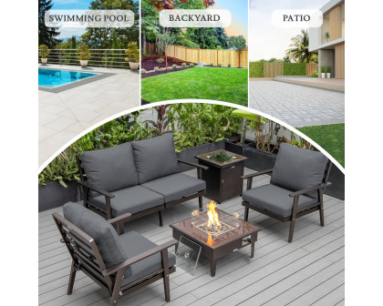 LeisureMod Walbrooke Modern Brown Patio Conversation With Square Fire Pit & Tank Holder - Charcoal