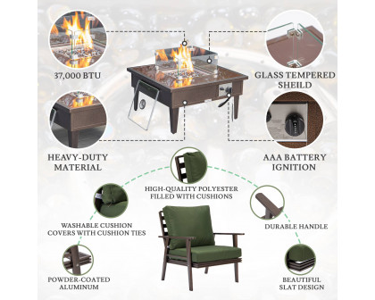 LeisureMod Walbrooke Modern Brown Patio Conversation With Square Fire Pit & Tank Holder - Green