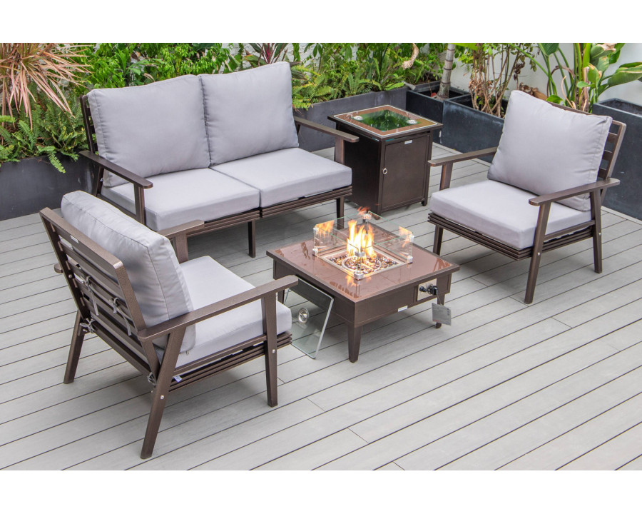 LeisureMod Walbrooke Modern Brown Patio Conversation With Square Fire Pit & Tank Holder - Gray