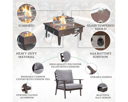 LeisureMod Walbrooke Modern Brown Patio Conversation With Square Fire Pit & Tank Holder - Gray