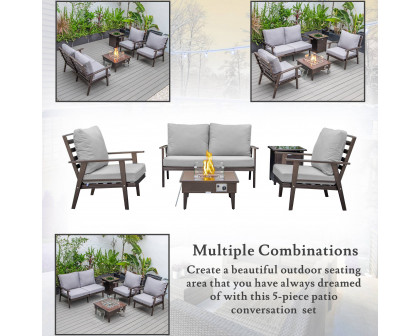 LeisureMod Walbrooke Modern Brown Patio Conversation With Square Fire Pit & Tank Holder - Gray