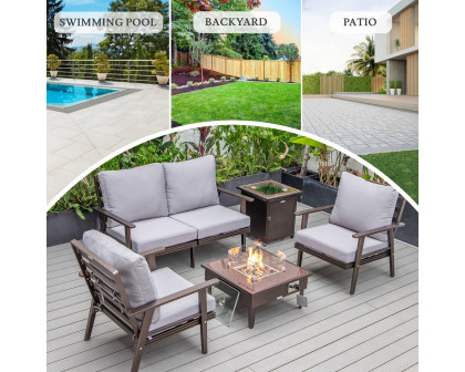 LeisureMod Walbrooke Modern Brown Patio Conversation With Square Fire Pit & Tank Holder - Gray