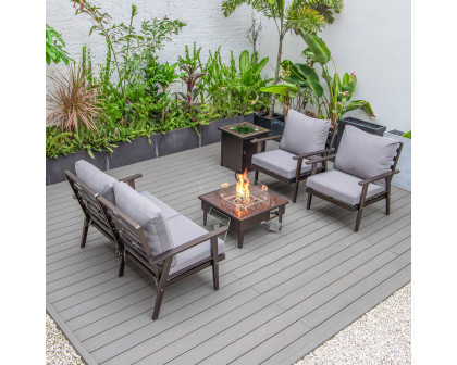 LeisureMod Walbrooke Modern Brown Patio Conversation With Square Fire Pit & Tank Holder - Gray