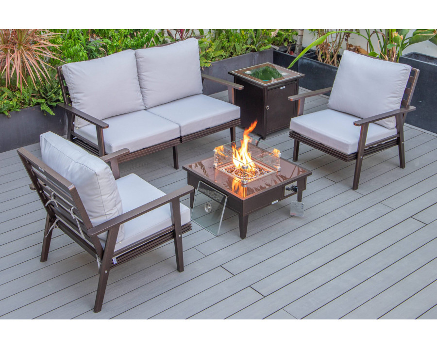 LeisureMod Walbrooke Modern Brown Patio Conversation With Square Fire Pit & Tank Holder - Light Gray