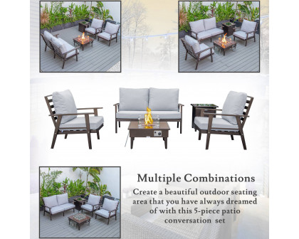 LeisureMod Walbrooke Modern Brown Patio Conversation With Square Fire Pit & Tank Holder - Light Gray