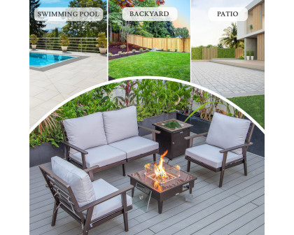 LeisureMod Walbrooke Modern Brown Patio Conversation With Square Fire Pit & Tank Holder - Light Gray