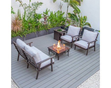 LeisureMod Walbrooke Modern Brown Patio Conversation With Square Fire Pit & Tank Holder - Light Gray