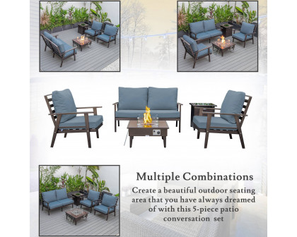 LeisureMod Walbrooke Modern Brown Patio Conversation With Square Fire Pit & Tank Holder - Navy Blue